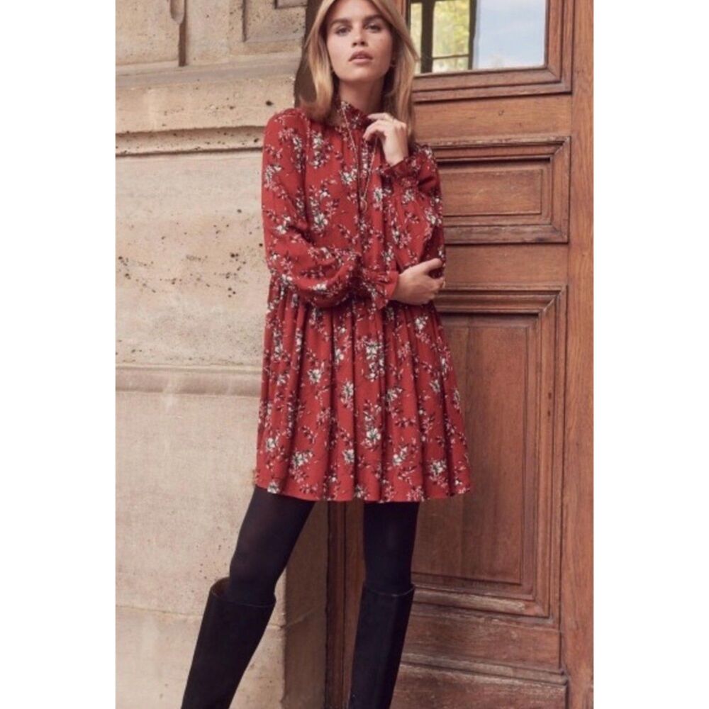 SEZANE Olivia Floral Dress Rust Ruffled High Neck Smocking L/S, Sz 36 (4)